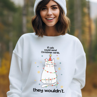 Funny white cat Christmas tree lights sarcastic