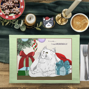 Funny White Cat Christmas Tree Ornaments Green Cloth Placemat