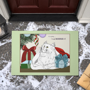 Funny White Cat Christmas Tree Ornaments Green Doormat