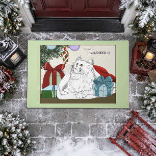Funny White Cat Christmas Tree Ornaments Green Doormat