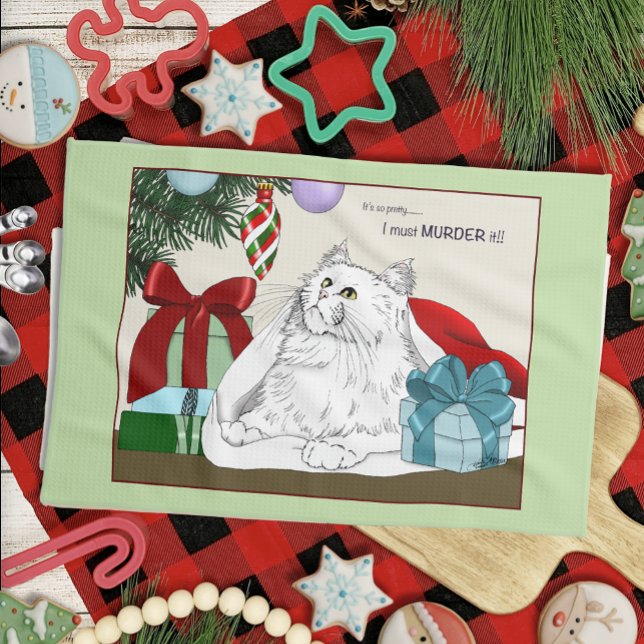 Funny White Cat Christmas Tree Ornaments Green Kitchen Towel (Creator Uploaded)
