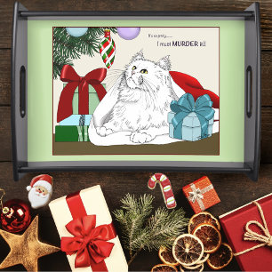 Funny White Cat Christmas Tree Ornaments Green Serving Tray