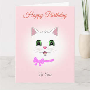 Funny White Cat Face on Light Pink Birthday Card