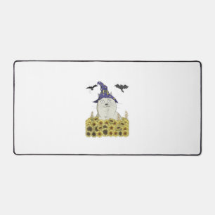 Funny White Cat in Witch Hat Vintage Halloween Sun Desk Mat