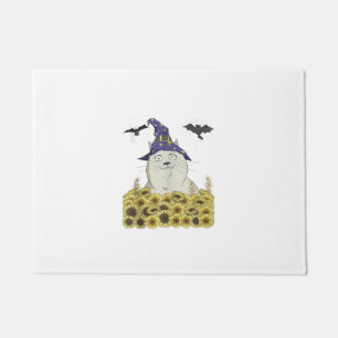Funny White Cat in Witch Hat Vintage Halloween Sun Doormat