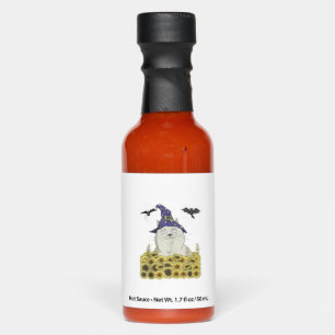 Funny White Cat in Witch Hat Vintage Halloween Sun Hot Sauces