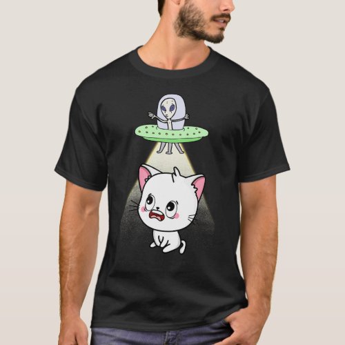 Funny white cat is being abducted by aliens T_Shirt