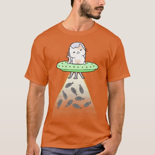 Funny white Cat is flying a spaceship T_Shirt