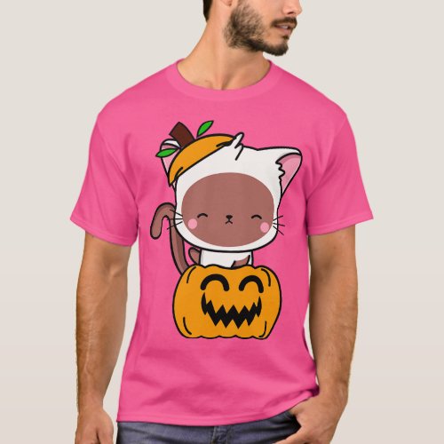 Funny white cat is in a pumpkin T_Shirt