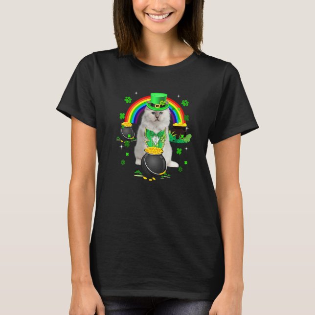 Funny White Cat Leprechaun Shamrock St. Patrick's  T-Shirt (Front)