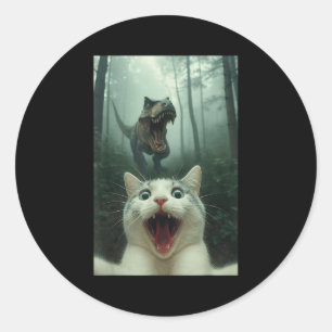 Funny White Cat Selfie With T-rex Dinosaur, Cat Ki Classic Round Sticker