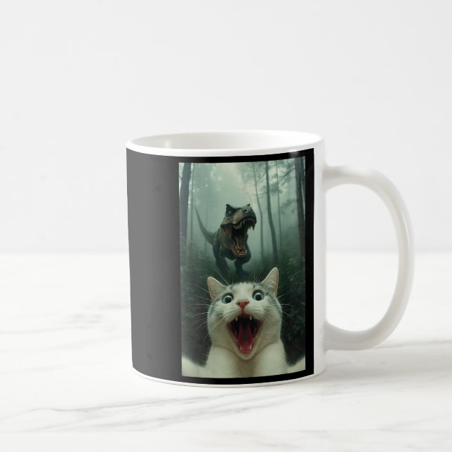 Funny White Cat Selfie With T-rex Dinosaur, Cat Ki Coffee Mug (Right)