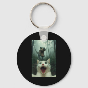 Funny White Cat Selfie With T-rex Dinosaur, Cat Ki Keychain