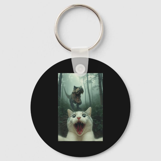 Funny White Cat Selfie With T-rex Dinosaur, Cat Ki Keychain (Front)