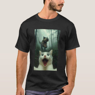 Funny White Cat Selfie with T-Rex Dinosaur, Cat Ki T-Shirt