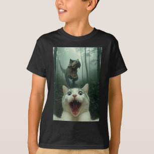 Funny White Cat Selfie With T-rex Dinosaur, Cat Ki T-Shirt