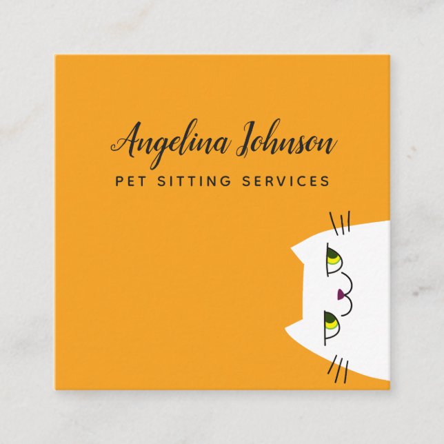 Funny White Cat Square Business Card (Front)