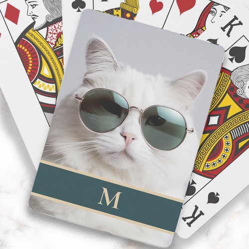 Funny White Cat Sunglasses Monogram Playing Cards
