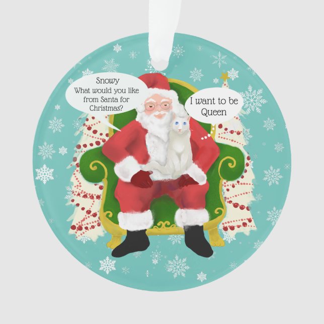 Funny White Cat Visits Santa Custom Photo Ornament (Front)