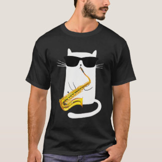 Funny White Cat Wearing Sunglasses Playing Saxopho T-Shirt