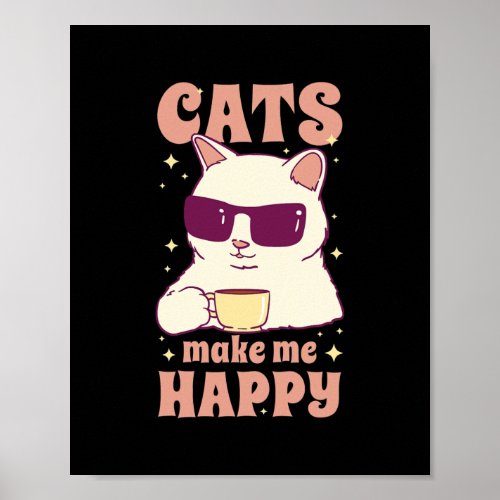 Funny White cat with sunglasses drink a cup of Poster