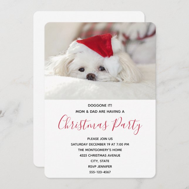 Funny White Dog in a Red Christmas Hat Party Invitation (Front/Back)