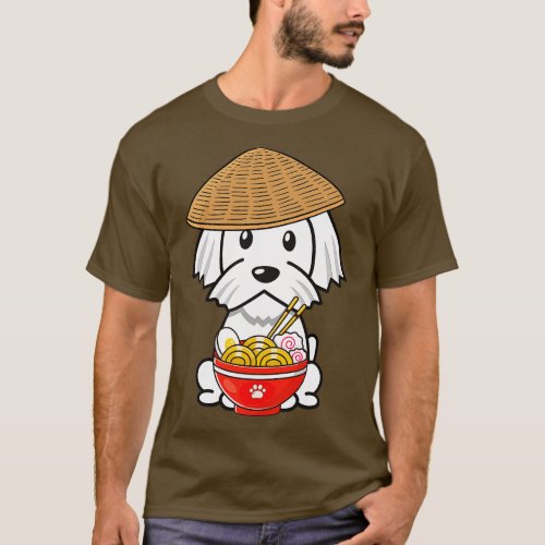 Funny white dog is eating noodles T_Shirt