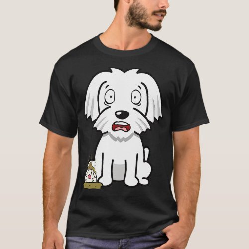 Funny white dog steps on a dirty diaper T_Shirt