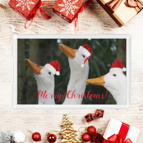 Funny White Ducks in Santa Caps Holiday Acrylic Tray
