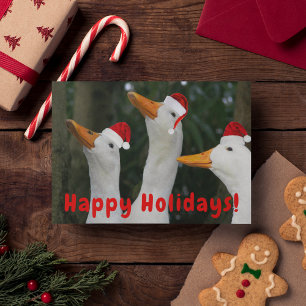 Funny White Ducks Wearing Red Santa Caps Holiday Card