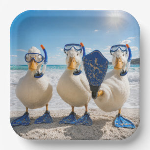 Funny White Ducks with Snorkeling Gear Paper Plates