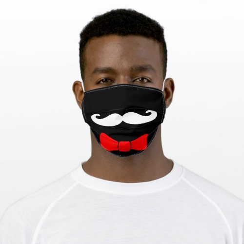 Funny White Mustache and Red Bowtie on Black Adult Cloth Face Mask