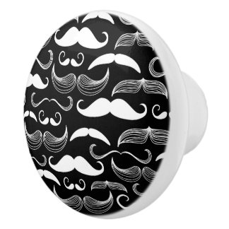 Funny White Mustache Design on Black Ceramic Knob