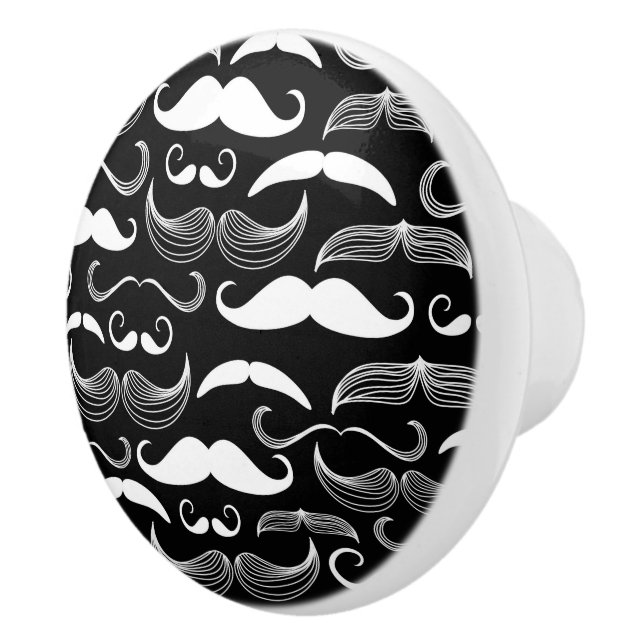 Funny White Mustache Design on Black Ceramic Knob (Right)