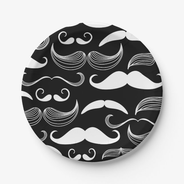 Funny White Mustache Design on Black Wall Decal Paper Plates (Front)