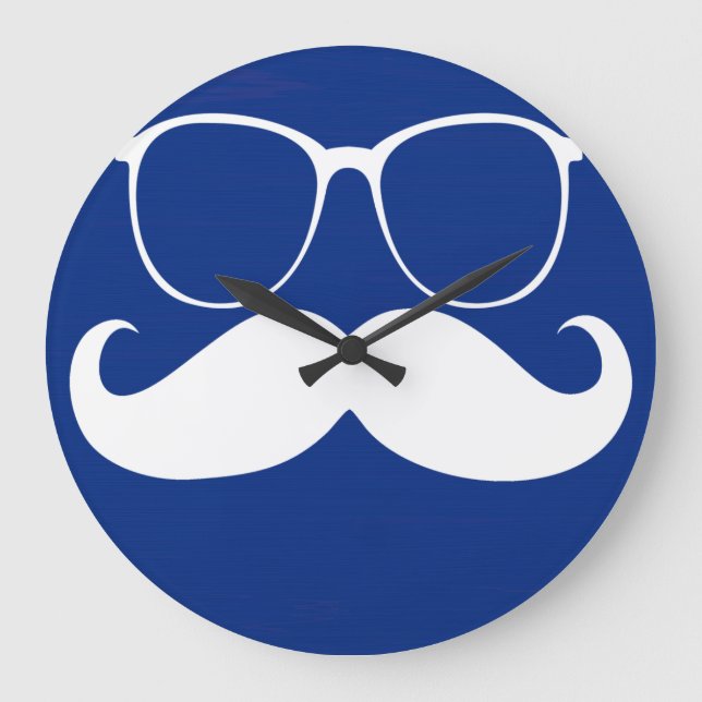 Funny White Mustache Glasses on Blue Background Large Clock (Front)
