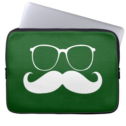 Funny White Mustache Glasses on Green Background Laptop Sleeve