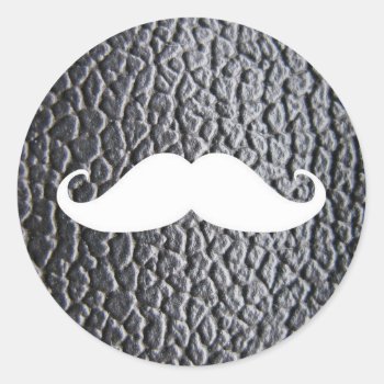 Funny White Mustache On Black Leather Pattern Classic Round Sticker by mustache_designs at Zazzle