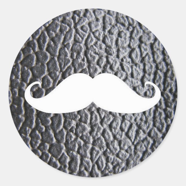 Funny White Mustache On Black Leather Pattern Classic Round Sticker (Front)