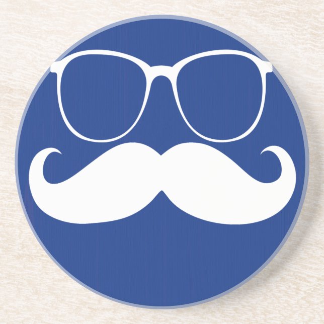 Funny White Mustache on Dark Blue Background Drink Coaster (Front)