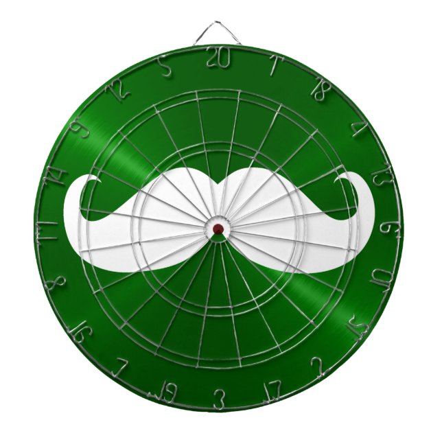 Funny White Mustache on Metal Green Background Dartboard With Darts (Front)