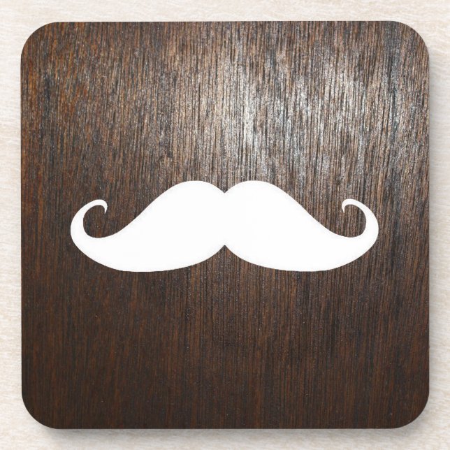 Funny White Mustache on oak wood background Drink Coaster (Front)