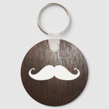 Funny White Mustache On Oak Wood Background Keychain by mustache_designs at Zazzle