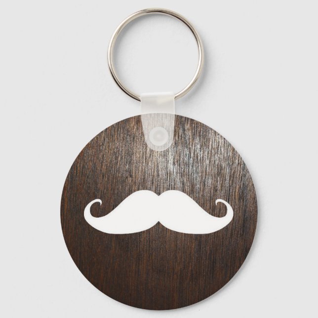 Funny White Mustache on oak wood background Keychain (Front)
