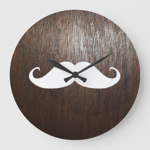 Funny White Mustache on oak wood background Large Clock