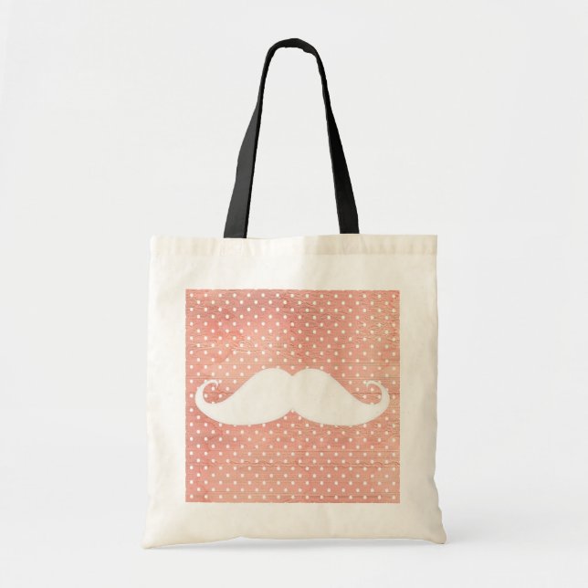Funny White Mustache On Pink Polka Dots Pattern Tote Bag (Front)