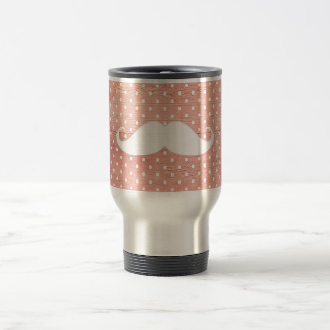 Funny White Mustache On Pink Polka Dots Pattern Travel Mug (Center)