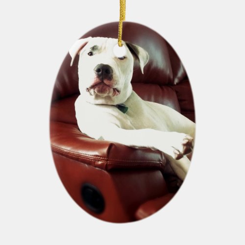 funny white pit bull dog on the couch ceramic ornament