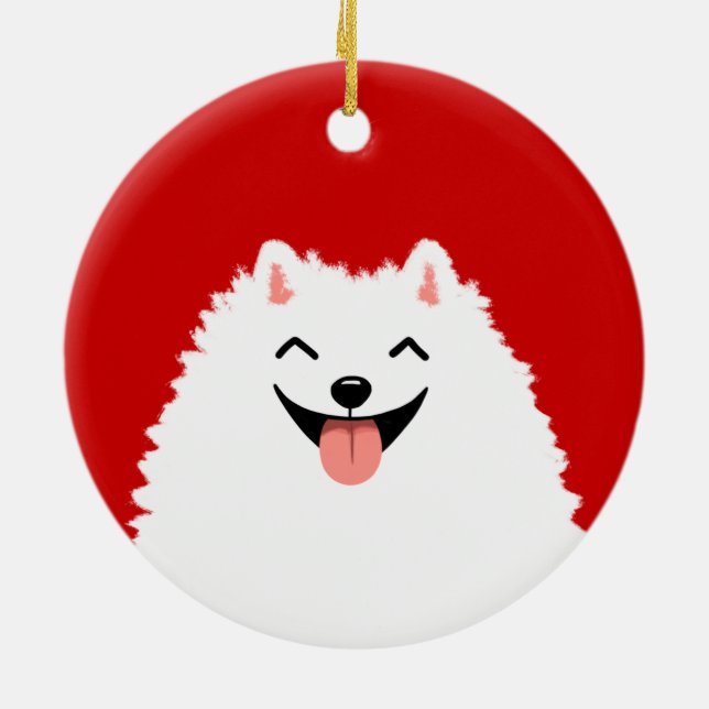 Funny White Pomeranian Cartoon Dog Christmas Ceramic Ornament (Back)