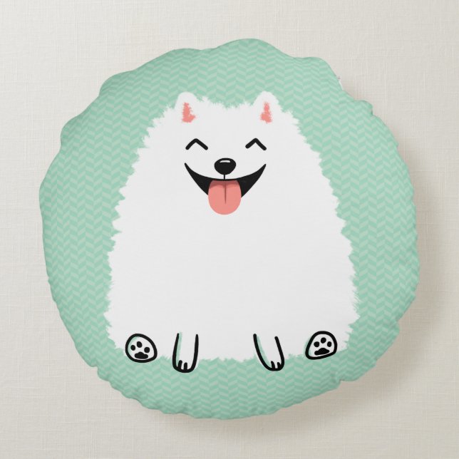 Funny White Pomeranian Cute Smiling Pom Round Pillow (Back)